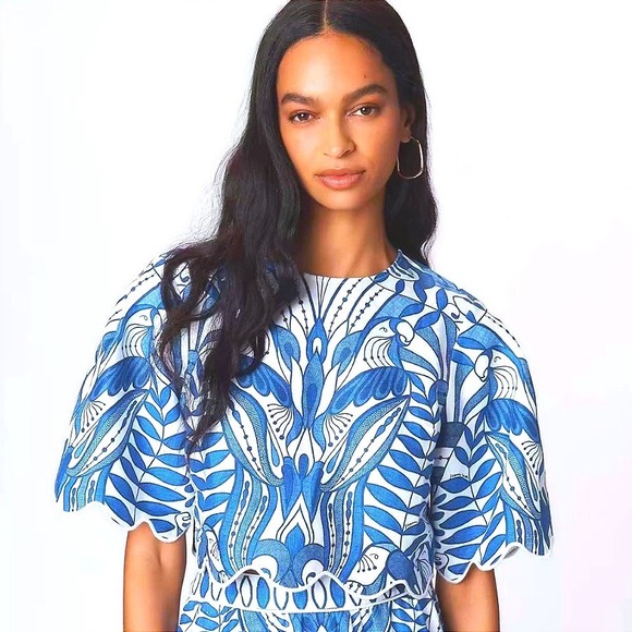 FARM Rio Tops - Farm Rio Lace Nature Blouse Blue Scalloped Linen Crop Top S NWT